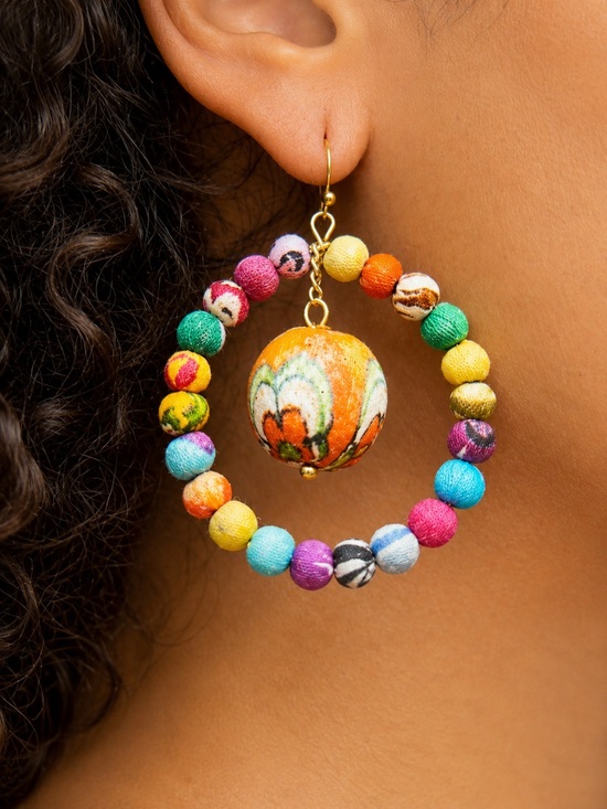world finds Jewelry - Kantha Bead Soliel Hoop Earrings